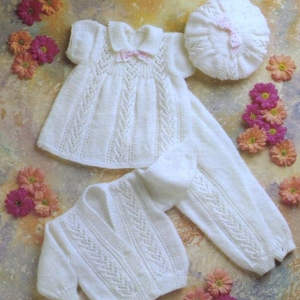 PDF - KNITTING PATTERN - Baby Dress, Beret, Leggings/Trews/Pants and Cardigan/Sweater 16 - 22 in chest English