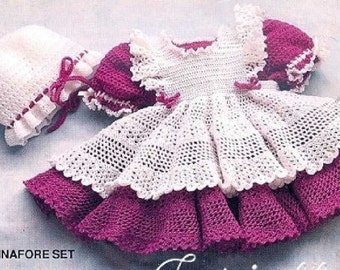 Crochet Pattern Ruffled Pinafore/Smock, Dress, Purse and Mobcap hat 1 to 3 years PDF download ALMOST FREE
