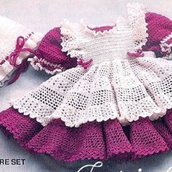 Crochet Pattern Ruffled Pinafore/Smock, Dress, Purse and Mobcap hat 1 to 3 years PDF download ALMOST FREE