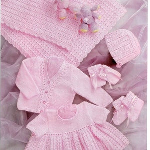 May include: A pink knitted baby outfit set including a dress, cardigan, hat, booties, and mittens. The set is laid out on a pink and white fabric background.