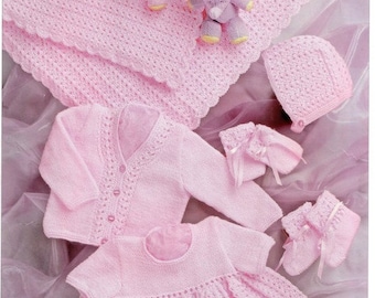 Baby Knitting Pattern Dress, Shawl, Bonnet, Cardigan, Mitts and Booties PDF Prem sizes 12 - 20 in