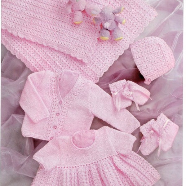 Modèle de tricot pour bébé robe, châle, bonnet, cardigan, mitaines et chaussons PDF Prem tailles 12 à 20 po