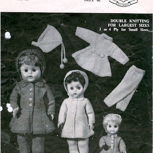 Knitting Pattern - Dolls outfits - 3 sizes Coat, Legging/Trews, Bonnet Easy Knit