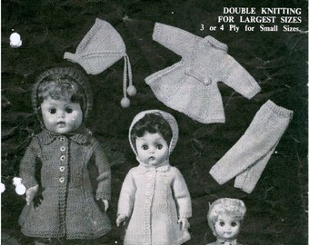 Knitting Pattern - Dolls outfits - 3 sizes Coat, Legging/Trews, Bonnet Easy Knit