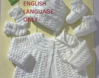 ENGLISH Knitting Pattern for Baby Matinee Jacket/coat, Booties, Mittens and Bonnet included 14 to 20 inch chest - In English only