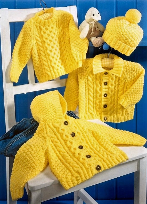 Knitting Pattern Baby Aran Hooded Jacket Collared Jacket and Etsy