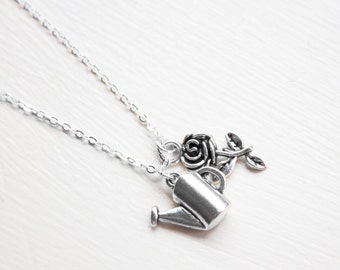 Gardening Necklace - Gardener Charm Necklace - Watering can roses Charm Pendant
