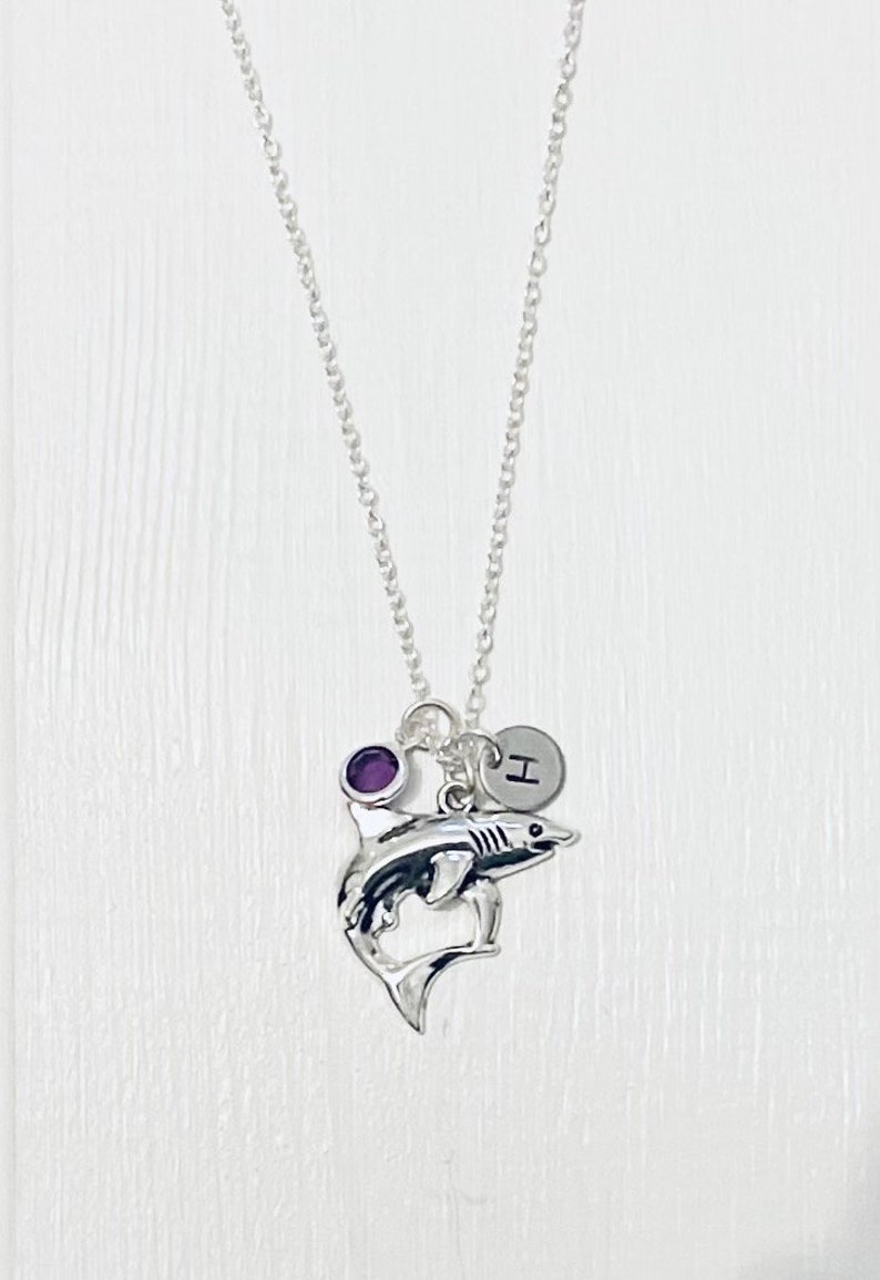 Shark Necklace Shark Pendant Jaws Necklace Shark Week Charm Great White Necklace Personalised Initial Birthstone crystal image 5