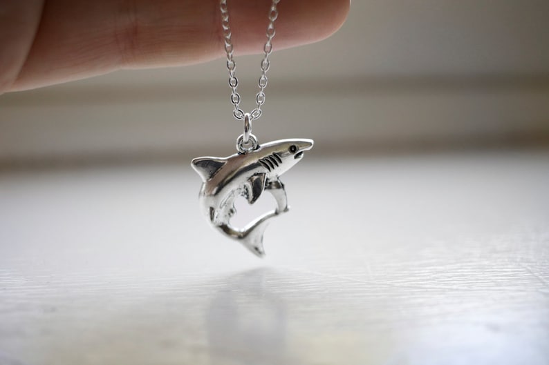 Shark Necklace Shark Pendant Jaws Necklace Shark Week Charm Great White Necklace Personalised Initial Birthstone crystal image 1