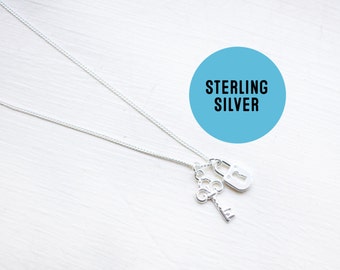 Sterling silver Lock and Key Necklace- Tiny Key To My Heart -  Sterling Padlock charm necklace - Key Necklace.