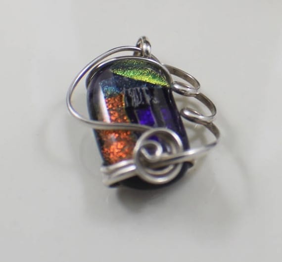 Vintage Sterling Silver Large Dichroic Glass Pend… - image 1