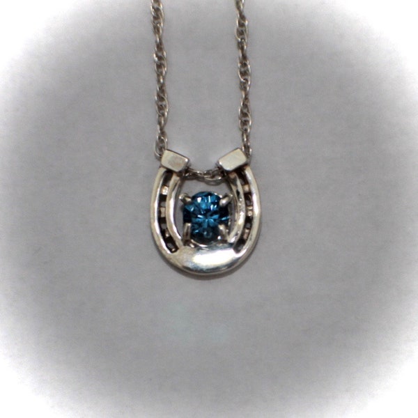 Vintage Sterling Silver Horseshoe Pendant Blue Zircon Stone with 18" Sterling Silver Chain