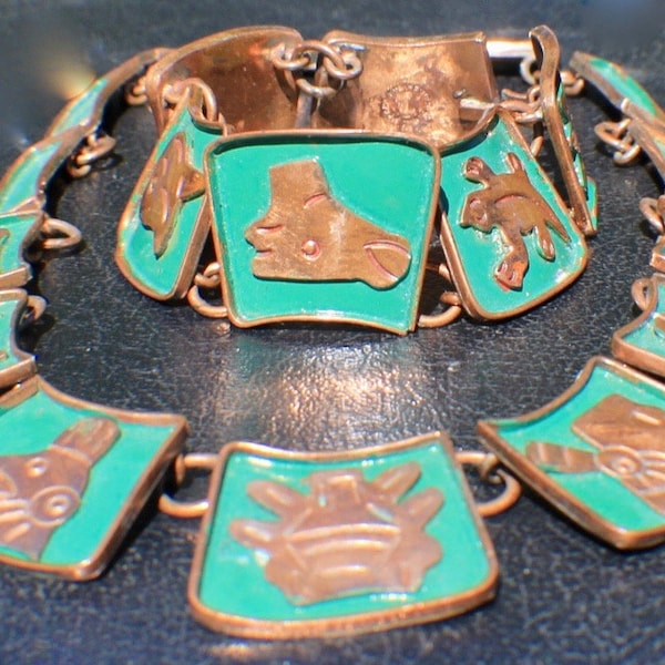 Vintage Mexico Copper Enamel Necklace and Bracelet Maya Jewelry Aztec Calendar Set