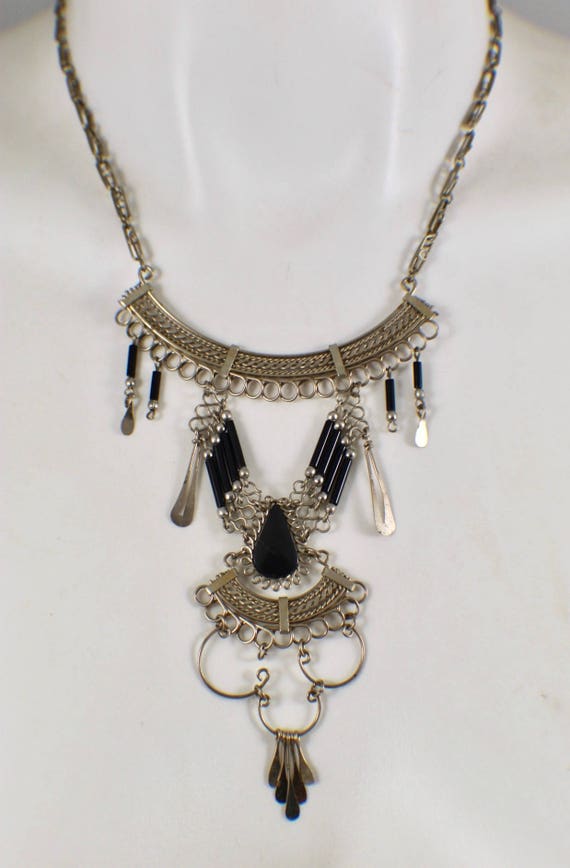 Vintage Onyx Alpaca Silver Necklace, Peruvian Neck