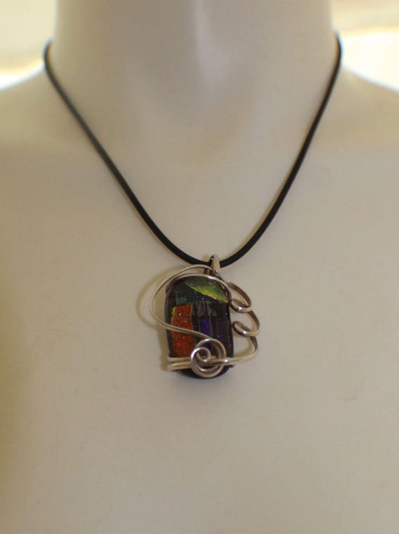 Vintage Sterling Silver Large Dichroic Glass Pend… - image 3