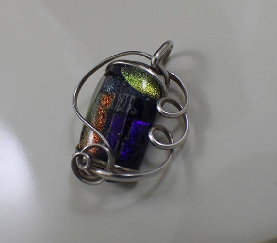 Vintage Sterling Silver Large Dichroic Glass Pend… - image 2