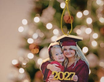 Custom High School Graduation Photo Statuette, Personalized Kindergarten vs. Senior Year Wooden Ornament, Class of 2026 Keepsake, Then & Now