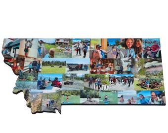 May include: A collage of photos in the shape of the state of Montana. The photos show people enjoying outdoor activities like hiking, fishing, and boating. There are also photos of people enjoying the scenery and wildlife.