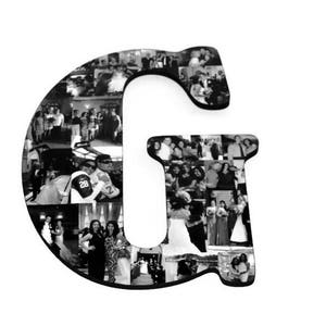 May include: Black and white photo collage letter G. The letter is made of many small photos of people, some of whom are smiling. The photos are arranged in a random pattern.