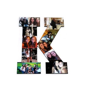 May include: A wooden letter K decorated with a collage of photos. The photos are of people, mostly women, and some are in groups. The letter is painted black and the photos are arranged in a grid pattern.