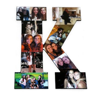 May include: A black wooden letter K with a collage of photos of people. The photos are arranged in a grid pattern and show a variety of people in different settings.