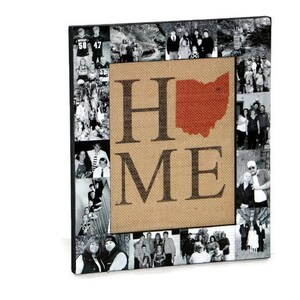 May include: A framed collage of black and white photos with a burlap background featuring the word "HOME" with the state of Ohio in red in the center.