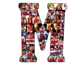 May include: A large wooden letter "M" covered in a collage of photos. The photos are mostly of people, many wearing red and blue clothing. Some photos show people playing sports.