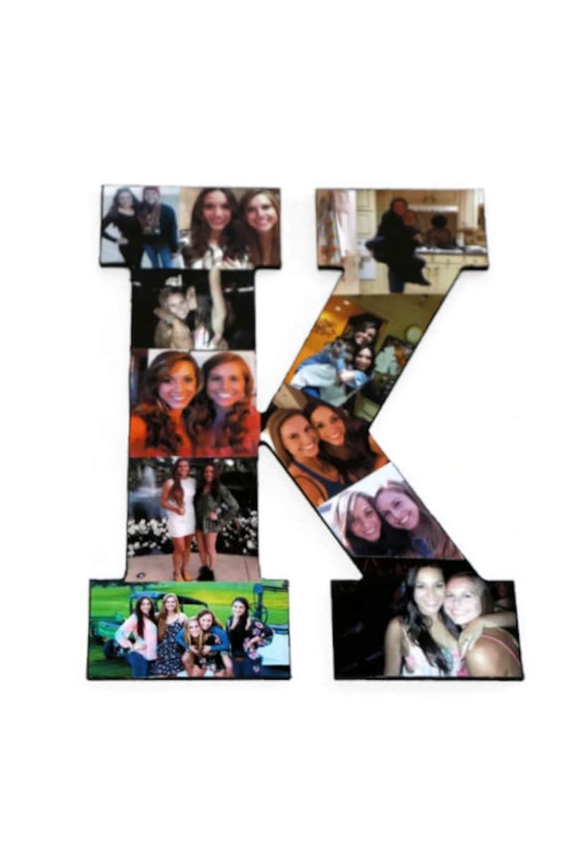 May include: A black letter K with a collage of photos of people. The photos are arranged in a grid pattern and show a variety of people in different settings.