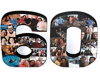 May include: A black wooden number 60 with a photo collage of family members. The photos are arranged in a grid pattern and show a variety of people and events.