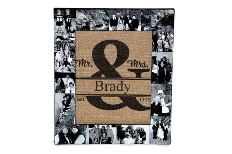 Ampersand Burlap Family established Last name date Photo frame Collage Personalized Picture Wedding Gift Monogram Initial Rustic Husband
