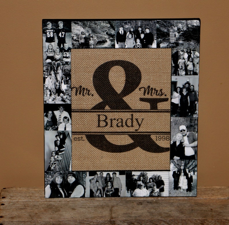 Ampersand Burlap Family established Last name date Photo frame Collage Personalized Picture Wedding Gift Monogram Initial Rustic Husband