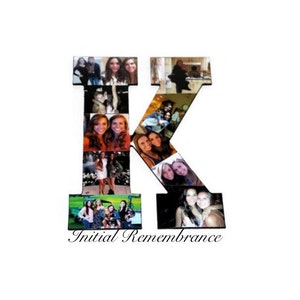 May include: A wooden letter K covered in photos of people. The letter is black and the photos are arranged in a collage style. The text "Initial Remembrance" is written below the letter.