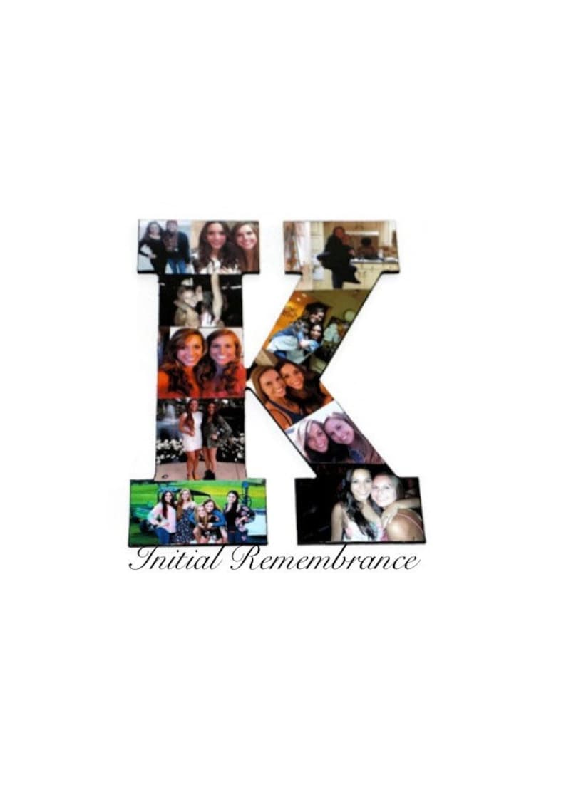 May include: A wooden letter K covered in photos of people. The letter is black and the photos are arranged in a collage style. The text "Initial Remembrance" is written below the letter.