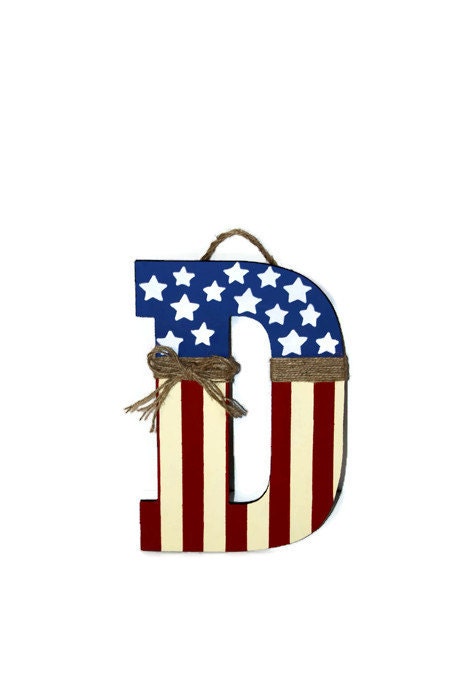Patriotic American Flag Initial Letter Monogram Door Wreath Hanger