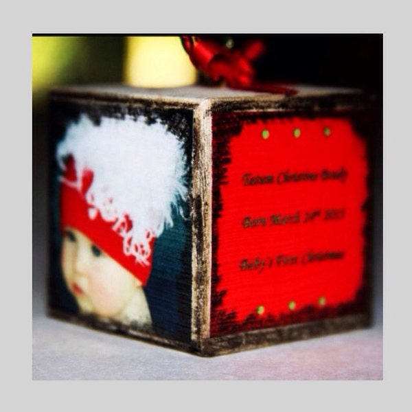 Ornament Custom photo square wooden block Christmas keepsake baby's first christmas, our first christmas our first home