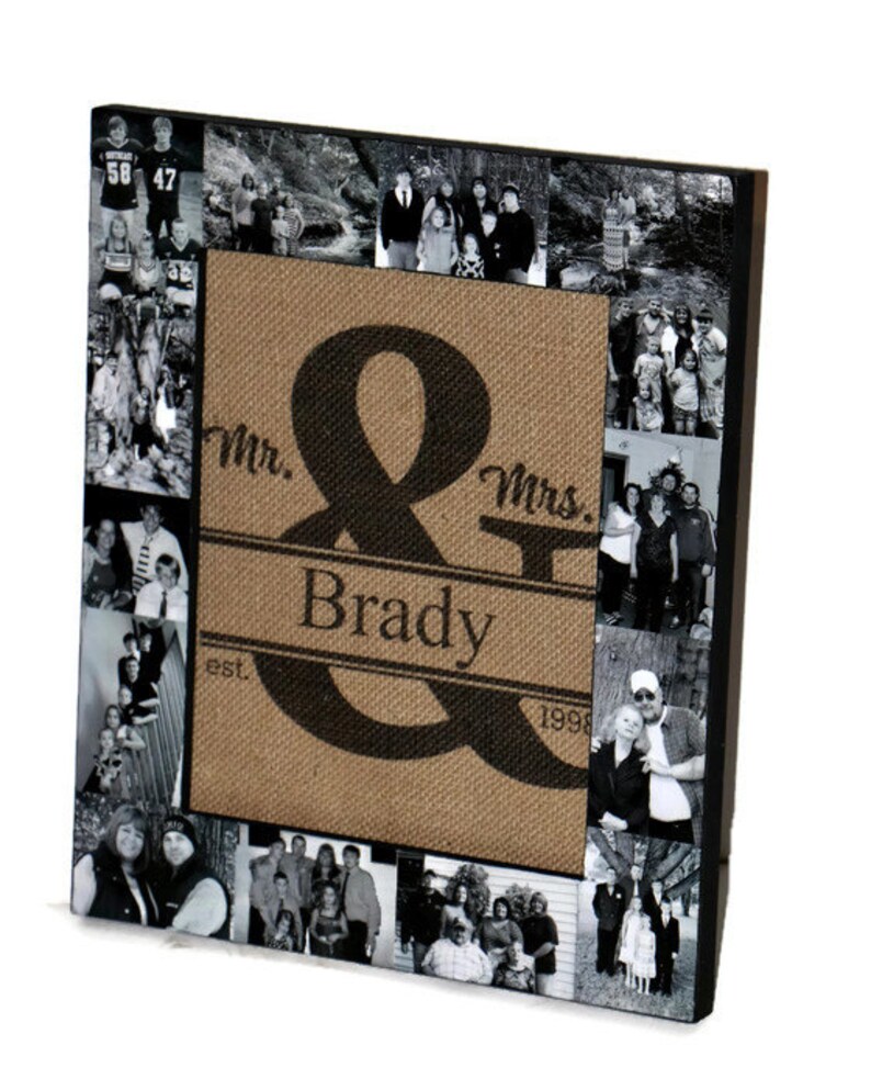 Ampersand Burlap Family established Last name date Photo frame Collage Personalized Picture Wedding Gift Monogram Initial Rustic Husband