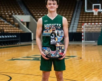 Number Photo Collage Personalized Wooden Basketball Jersey - Custom Senior Night Gift for High School Athlete - Physical Sports 3D Wall Art