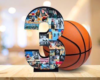 Personalized Wooden Basketball Jersey Number Photo Collage - Custom Senior Night Gift for High School Athlete - Physical Sports 3D Wall Art