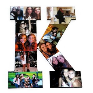 May include: A black wooden letter K with a collage of photos of people. The photos are arranged in a grid pattern and show a variety of people in different settings.