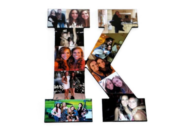 May include: A black wooden letter K with a collage of photos of people. The photos are arranged in a grid pattern and show a variety of people in different settings.