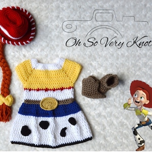 Toy Story Inspired Jessie character Handmade baby crochet costume. Complete with crochet hat and braid, dress and brown cowgirl boots.