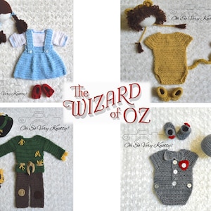 May include: Four crocheted baby outfits inspired by the Wizard of Oz characters: Dorothy, the Cowardly Lion, the Scarecrow, and the Tin Man. Each outfit includes a hat, a bodysuit, and booties.