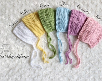 Crochet Baby Bonnets in White, Green, Yellow, Blue, Lavender and Pink. Pastels Spring. Sizes Newborn to Toddler, Handmade Baby Shower Gift.