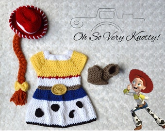 Toy Story Inspired Jessie character Handmade baby crochet costume. Complete with crochet hat and braid, dress and brown cowgirl boots.