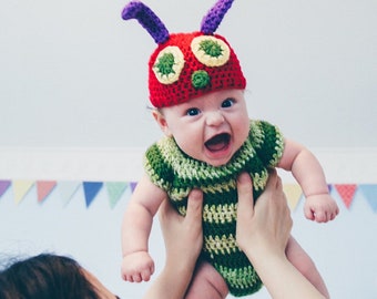 Hungry Caterpillar Inspired Handmade Baby Crochet set Photo Prop. Bodysuit and Caterpillar Hat. Also available with LONG SLEEVES.