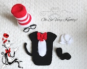 Dr. Seuss Inspired Cat in the Hat baby crochet outfits. Tall hat, bodysuit with tail, mitts, booties and glasses. Long Sleeves optional.