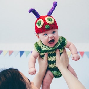 Hungry Caterpillar Inspired Handmade Baby Crochet set Photo Prop. Bodysuit and Caterpillar Hat. Also available with LONG SLEEVES.