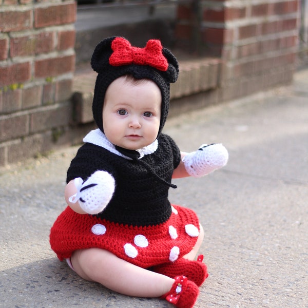Minnie Mouse Inspired Handmade baby crochet Outfit/Costume includes Bonnet, Romper Dress, Booties and Gloves Adorable Photo Prop