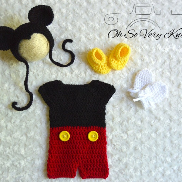 Mickey & Minnie Mouse Inspired Handmade baby crochet Outfit/Costume includes Bonnet, Dress or Romper, Booties and Gloves Adorable Photo Prop