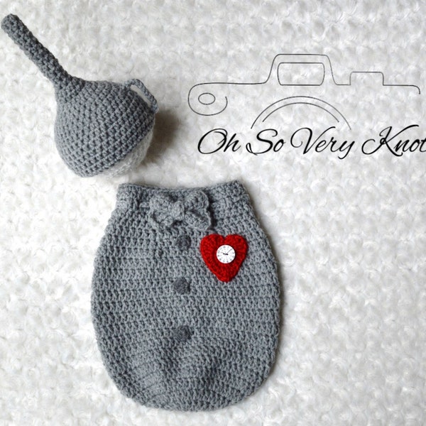 Wizard of Oz Inspired boy/girl TINMAN Funnel Hat & Swaddle Sack heart costume. Handmade Crochet photo prop.